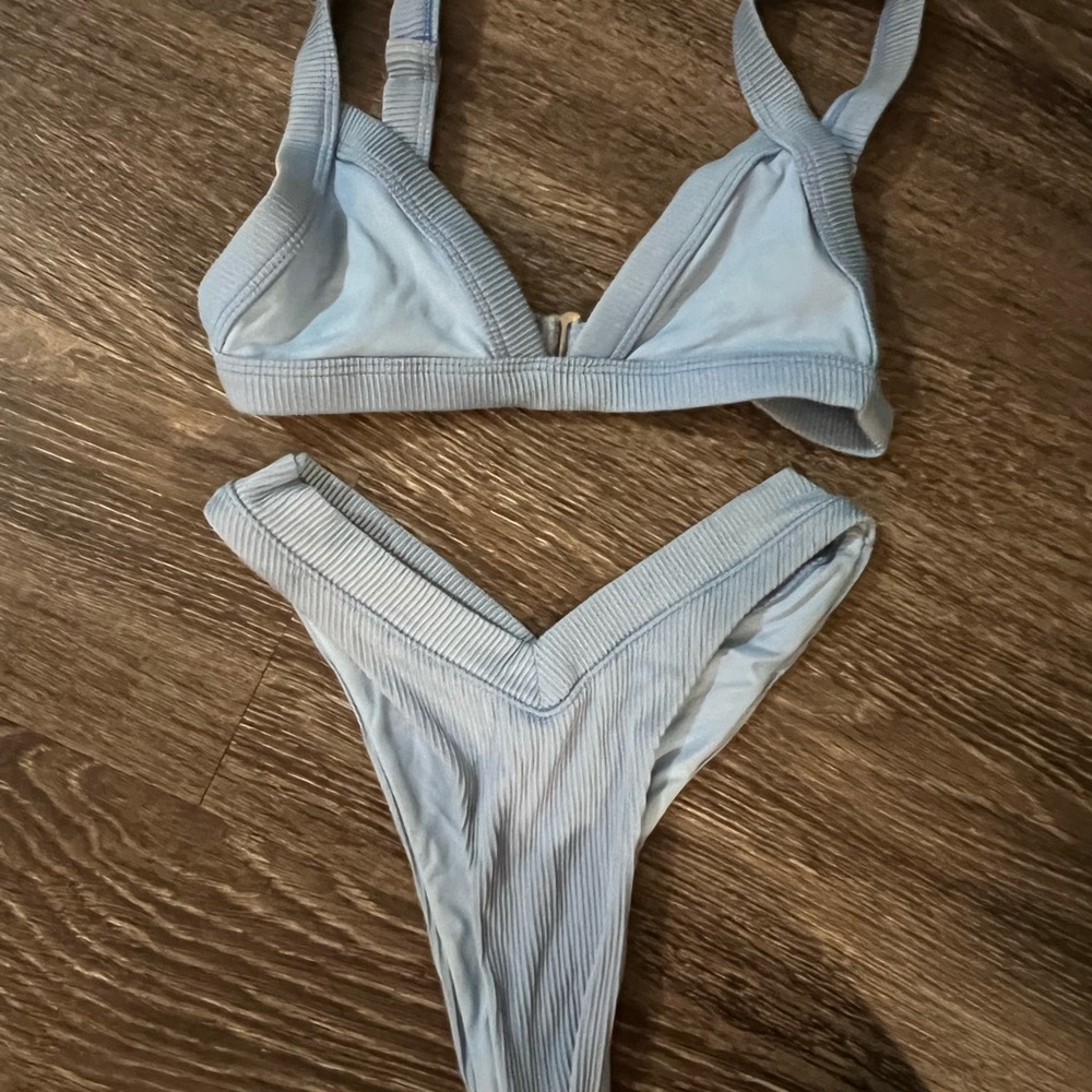 Light Blue Ribbed Triangle Bikini Set - Women Swim Bikini